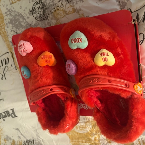 CROCS Red Fuzzy Clogs with Heart Accents - Picture 2 of 3